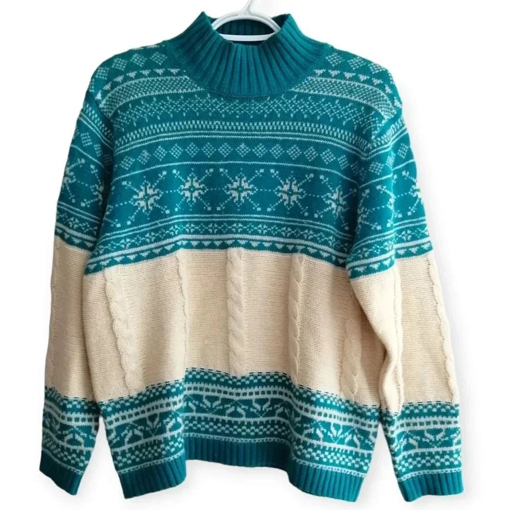 Vintage Fair Isle Cable Knit Sweater Cream Teal in Cotton Ramie Lambswool Medium